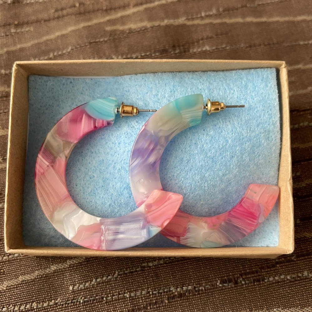 Pink/White/Aqua/Purple Watercolor Epoxy Earrings - Picture 5 of 7